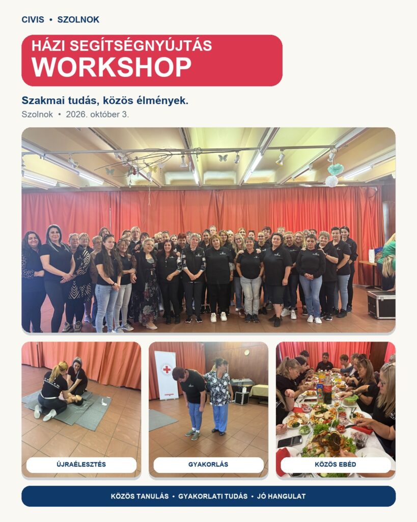 A szolnoki házi segítségnyújtás workshop résztvevői, újraélesztési gyakorlat és közös ebéd.